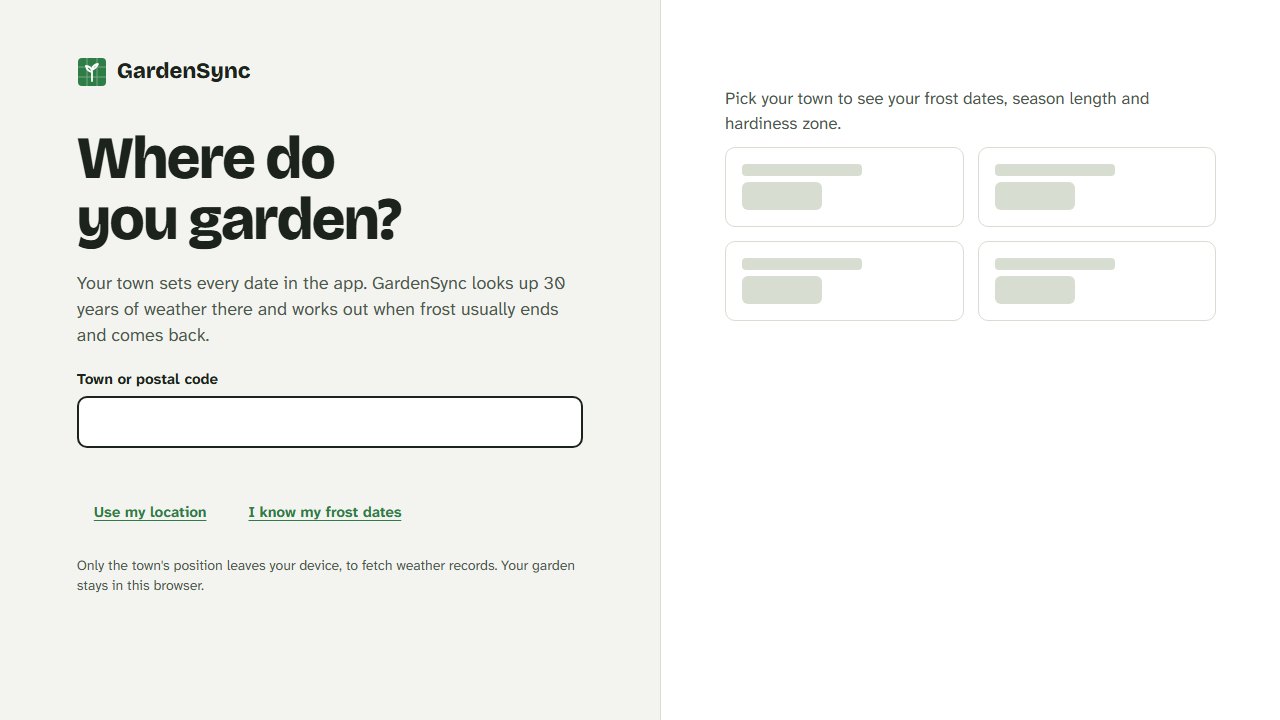 The first screen asks where you garden, with a town search, a use-my-location button and a way to type frost dates.