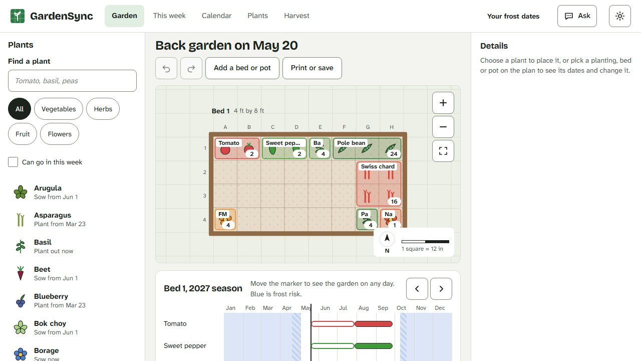 The planner: the plant list on the left, a 4 by 8 bed planted with tomatoes, peppers, basil, beans, greens and flowers, and the season ribbon below.