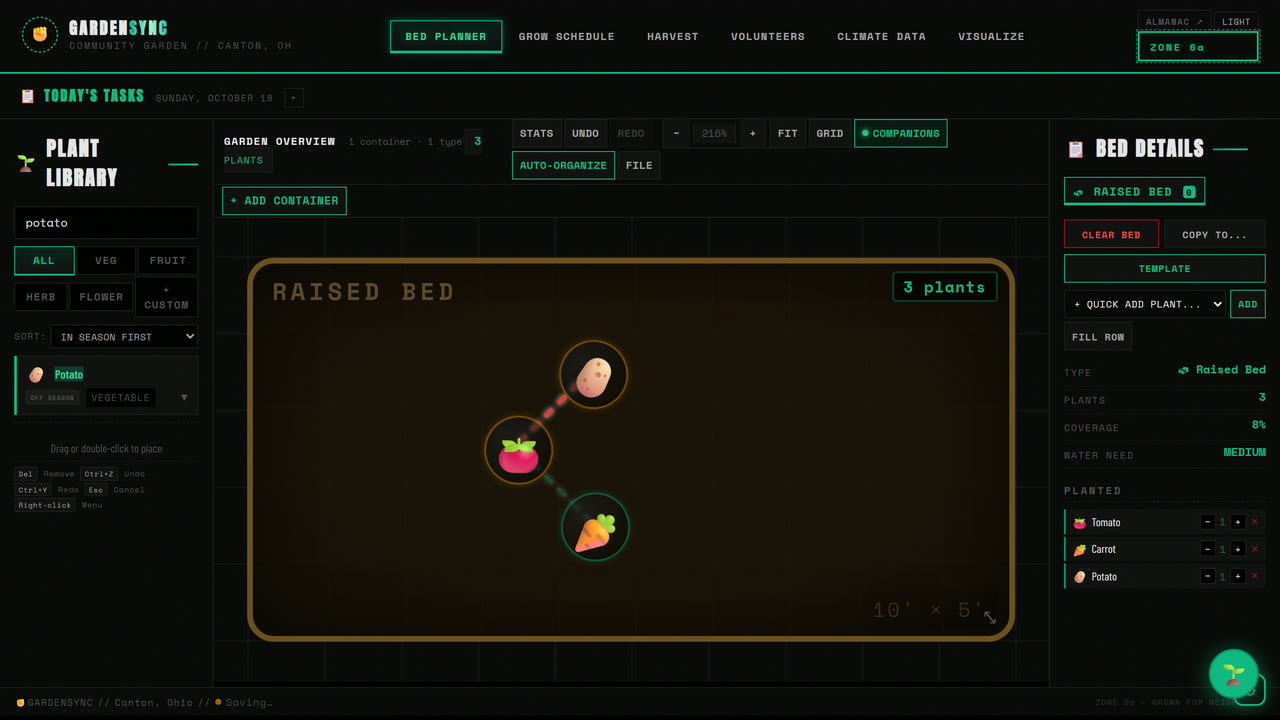A raised bed zoomed in, with a tomato joined to a carrot by a teal thread and to a potato by a red thread.